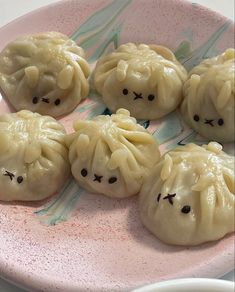 five dumplings with faces drawn on them sitting on a pink plate next to a white bowl