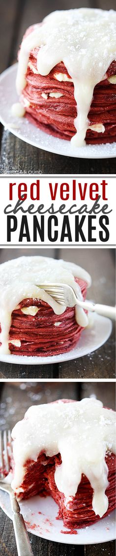 red velvet pancakes with white icing on top are shown in three different views, and the bottom one is drizzled with cream