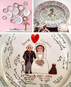 the wedding cake plate is decorated with pictures and words