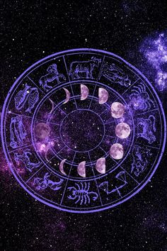 an astrological circle with zodiac signs in the middle and stars around it on a black background