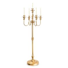 a gold candelabra with five candles on it's base and four arms