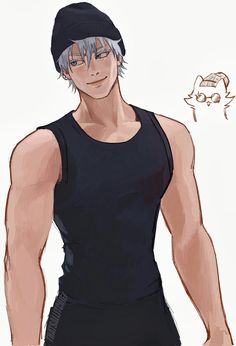 a drawing of a man with grey hair wearing a black tank top and shorts,