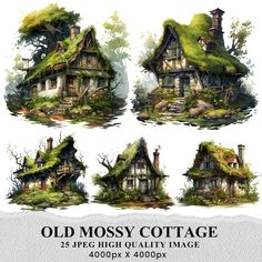 an old mossy cottage is shown in four different views