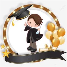 a boy in graduation cap and gown with balloons on the side, holding a diploma