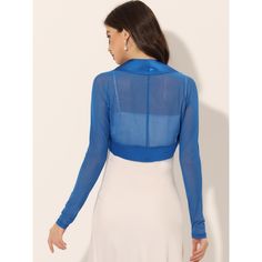 This sheer-sleeve shrug in a soft and lightweight fabric makes an easy, elegant top that can be worn cinched at the shoulder. Complete with fashion chiffon bolero shrugs running through the neck, highlighting the neckline. Perfect for slipping on over your occasions and events. This contemporary cover-up is designed for a clean, collarless silhouette so it is precisely cropped above the waist. Chic Stretch Shrug For Party, Blue Stretch Mesh Top With Mesh Sleeves, Long Sleeve Spring Evening Shrug, Fitted Shrug For Layering, Long Sleeve Shrug For Spring Evenings, Summer Party Shrug With Stretch, Fitted Summer Shrug For Layering, Fitted Shrug For Summer Layering, Elegant Summer Crop Top With Sheer Sleeves