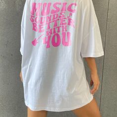 Nwt Graphic Oversized Tee Shirt. White Background Pink Guitar Design In Front “Music Sounds Better With You” Writing On Back Size Small Oversized White Slogan Tops, White Slogan T-shirt Oversized, Oversized White Slogan T-shirt, Oversized White Print Summer Tops, Oversized White Print Top For Summer, White Drop Shoulder Top With Text Print, Trendy Oversized White T-shirt, White Drop Shoulder Tops For Summer, White Drop Shoulder Summer Tops