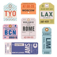 several different luggage tags are shown in various colors and sizes, including blue, pink, yellow