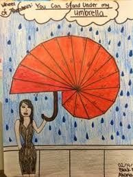 a drawing of a woman holding an umbrella in the rain with words written on it