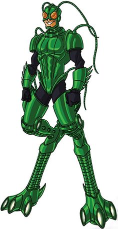 a cartoon character in green and black with an evil look on his face, arms and legs