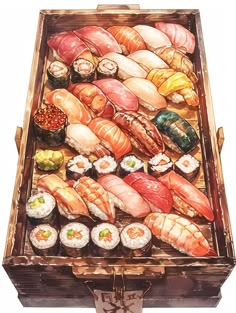 a large wooden box filled with different types of sushi on top of each other