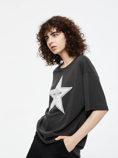 Details: Star patch embroidery black T-shirt Created with HOOHOOLYWOOD star-inspired design Comfortably loose at the hem Materials & Care: Cotton 86.3%Nylon 13.7% Hand wash | Dry clean Do not bleach Size & Fit: Model is 5'7", Bust 32, Waist 24, Hips 35, wearing a size S Item #: IL3TE14 Patch Embroidery, Black T Shirt, Black Tshirt, Sweat Shirt, Design Inspiration, T Shirt, How To Wear, Black