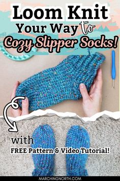 someone is knitting their slippers with the text loom knit your way to cozy slipper socks