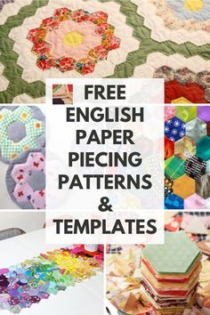 the words free english paper piecing patterns and templates are shown in four different pictures