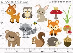 the woodland animals clipart set is shown in various sizes and colors, including mushrooms, mushrooms