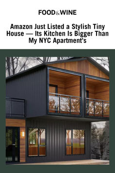 an advertisement for a tiny house with windows and balconies