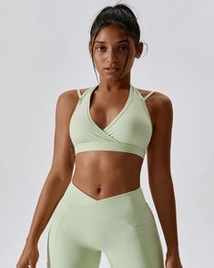 Pea Green Supportive Sports Bra, Runway Fashion Couture, Supportive Sports Bras, Fashion Couture, Black Sports Bra, Mini Shorts, Halter Neckline, Neck Strap, Couture Fashion