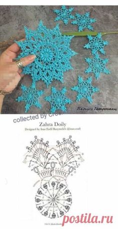 crocheted doily is shown on the left and in the middle, with an image of someone's hand holding something