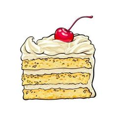 a piece of cake with white frosting and a cherry on top, drawn by hand