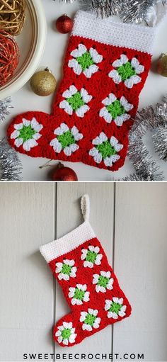 crocheted christmas stockings hanging from a tree