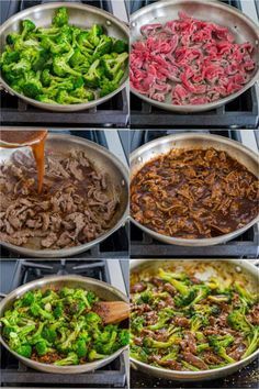 broccoli, beef and other vegetables being cooked in pans on the stove