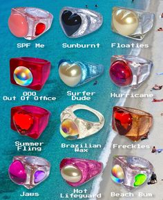 Funky Jewelry Rings, Y2k Designs, Beach Rings, Silly Clothes, Bling Ideas, Reworked Vintage, Beach Essentials, Crystal Accessories, Funky Jewelry