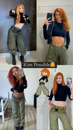 Kim Imposible Halloween Costume, Halloween Ginger Hair Costume Women, Helloween Customers Ideas, Redhead Duo Halloween Costumes, Hot Red Head Halloween Costumes, Halloween Outfits With Red Hair, Black Kim Possible Costume, Red Head Womens Halloween Costumes, Action Costumes Women