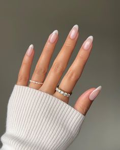 Light French Tip Nails, Muted French Manicure, Erin Aesthetic, Milky French Manicure, Milky Manicure, Grad Nails, Nude Nail Designs, Oval Nails, Dip Powder Nails