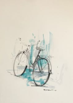 an ink drawing of a bicycle parked on the street