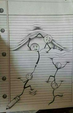 a drawing of three people holding hands in the air