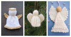 crocheted angel ornaments hanging from a christmas tree and on the left is an ornament