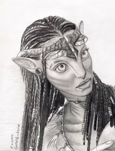 a drawing of a woman with dreadlocks and an elf's headdress