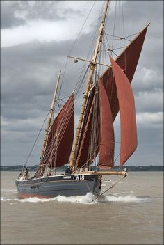 a sailboat with red sails is in the water on a cloudy day and it appears to be going fast