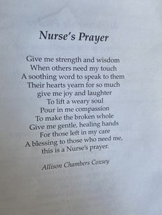 an open book with the words nurse's prayer written in cursive writing