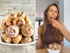 a woman sitting at a table with donuts in front of her and an image of a bowl of doughnuts