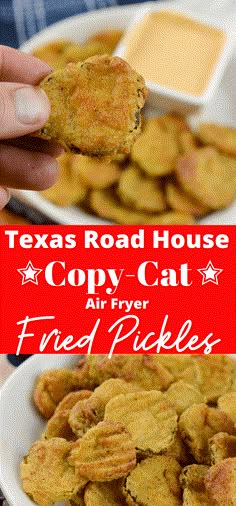 a person holding up a piece of fried pickle in front of a bowl of food