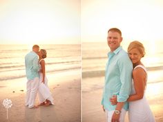 a man and woman standing on the beach at sunset