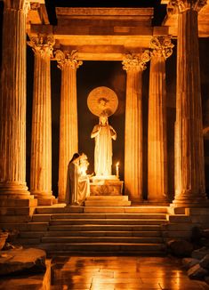 two people standing in front of a statue with candles lit up on it's sides