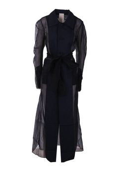 Phaédo's single-breasted overcoat crafted in black taffetà with see-through effect and blue cotton / silk insert. This model features shirt-style collar, buttons closure along front, two double-welt pockets and two welt pockets on front, deconstructed vented cuffs, belted waist, unfinished raw trims and back deconstructed side with central vent. Unlined interior. fabric 1: 70% cotton, 30% silk; fabric 2: 100% silkGender: WomenColor: BLUEMade in: ImportedProduct ID: PHA21071YCO4CLBN12*Import tax/ Designer Black Silk Outerwear, Silk Long Coat Formal Outerwear, Black Evening Outerwear With Concealed Placket, Black Silk Outerwear For Fall, Business Silk Outerwear With Button Closure, Silk Outerwear For Fall Daywear, Silk Outerwear For Daywear In Fall, Spring Black Sheer Outerwear, Silk Long Coat For Evening