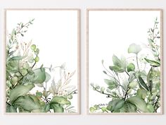 two framed art prints with green leaves and branches on white background, one is in front of the other