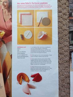 an advertisement showing how to make fabric fortune cookies with instructions for cutting them into shapes