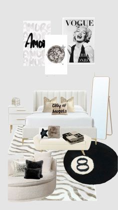 a white bedroom with black and white decor