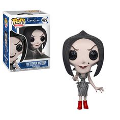 an alien girl with black hair and red boots is next to a pop vinyl figure