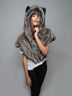 Animal Print Clothing, Hood Shawl, Faux Fur Shawl, Wolf Face, Faux Fur Coats, Dire Wolf, Animal Print Outfits, Faux Fur Hat, Fur Shawl