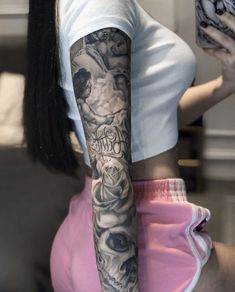 Arm Tattoos On Black Women, Tattoos On Black Women, Chicano Tattoos Sleeve, Beautiful Tattoos For Women, Full Arm Tattoos, Forearm Sleeve Tattoos, Black Girls With Tattoos, Tattoos For Black Skin