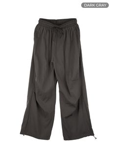 string-banded-wide-leg-pants-ol430 / Dark gray Nylon Bottoms With Elastic Waistband For Work, Casual Nylon Parachute Pants For Work, Casual Fitted Parachute Pants With Drawstring, Gray Relaxed Fit Full-length Parachute Pants, Gray Nylon Bottoms With Pockets, Gray Relaxed Fit Parachute Pants With Elastic Waistband, Casual Gray Parachute Pants With Loosely Fitted Hips, Casual Gray Loose Fit Parachute Pants, Casual Nylon Pants For Work