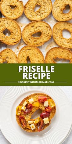 a close up of a plate of food with doughnuts in the background and an advertisement for friselle recipe