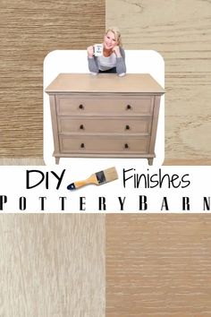 a woman sitting on top of a dresser next to a paintbrush and some drawers