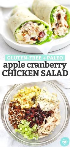 an apple cranberry chicken salad on a plate with the title text overlay