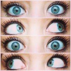 four different pictures of blue eyes with long lashes