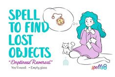 a woman with blue hair sitting on the ground next to a cat and thought bubble that says, spell to find lost objects